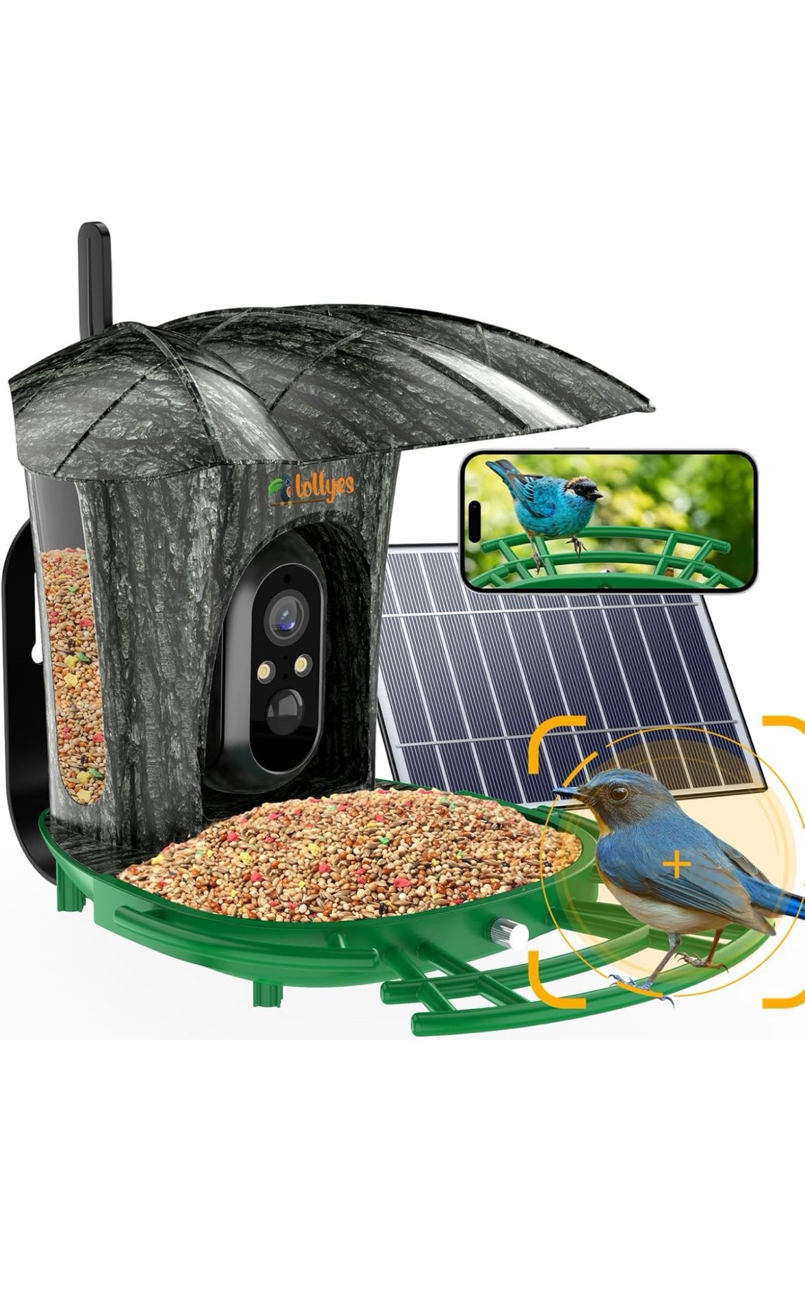 Smart Bird Feeder with Camera+7W Solar Panel,180°Wide View 1080P Auto Capture Bird Video&Motion Detection,AI Identify 11000+ Birds