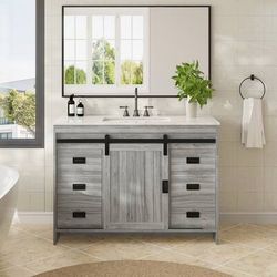 Farmhouse Bathroom Vanity with Ceramic Countertop, Sliding Barn Door and Storage Drawers for Organized Spaces - 48"- Grey