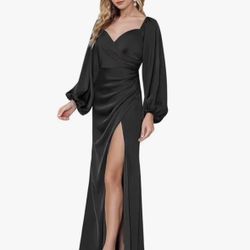 Woman Satin Long Sleeve Formal Black Dress. 