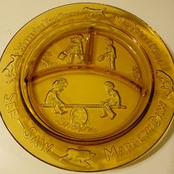 Vintage Tiara Amber Indiana Glass Sectioned Nursery Rhyme Plate 8 And 1/2 In