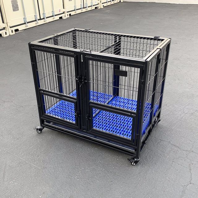 New $179 Folding Dog Cage 37x25x33” Heavy Duty Double-Door Kennel w/ Divider, Plastic Tray 