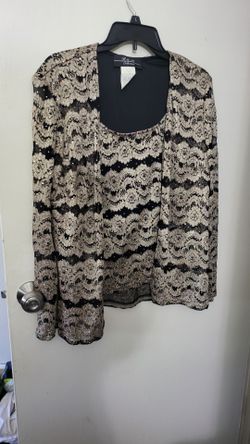 R&M Collection faux twin set featuring a gold lace overlay with shimmer sequins and an attached black top.