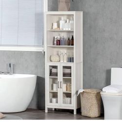 ❤️ kleankin Tall Bathroom Storage Cabinet with 3 Tier Shelf, Glass Door Cabinet, Freestanding Linen Tower with Adjustable Shelves, Antique White 