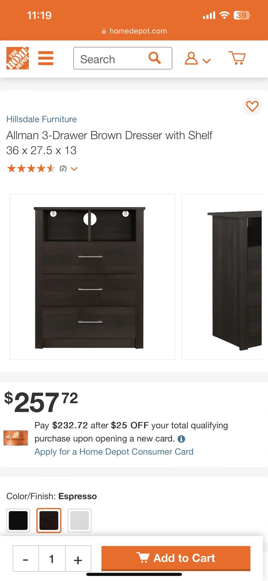 Allman 3-Drawer Brown Dresser with Shelf 36 x 27.5 x 13