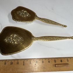 Matson Gold Ormolu Hand Held Mirror and Brush Vanity Set, Vintage Hollywood Regency