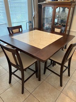 Counter Height Dining Table & 4 Chairs – Wood & Stone Top