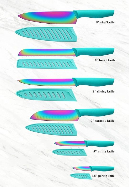 Marco Almond 12-Piece Knife Set, 6 Knives with 6 Blade Guards, Dishwasher Safe Rainbow Titanium Stainless Steel Kitchen Knives Set with Sheath, Teal