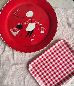 Vintage Red Metal Tray Set BBQ Chef