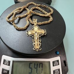 ✝️  14KT Yellow Gold 54.7g Solid Byzantine Necklace/Ornate Crucifix Pendant 