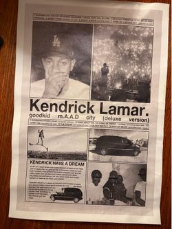 Black & white newspaper-style poster for Kendrick Lamar’s good kid, m.A.D city (deluxe) album