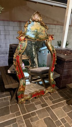 Italian Florentine Hand-Painted Shell Carved Mirror – Vintage