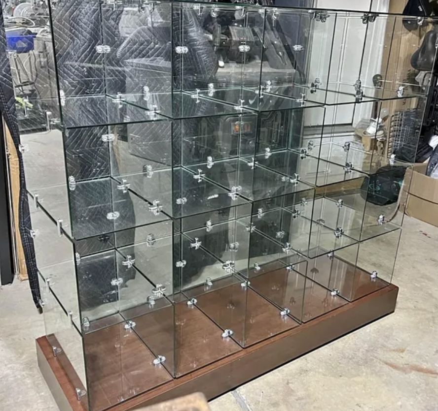 Glass Cubbies with Wood Rollable Base
