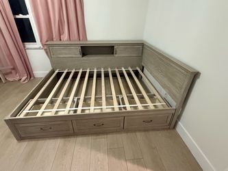 Queen Bed Frame with Storage Drawers and Bookcase Headboard