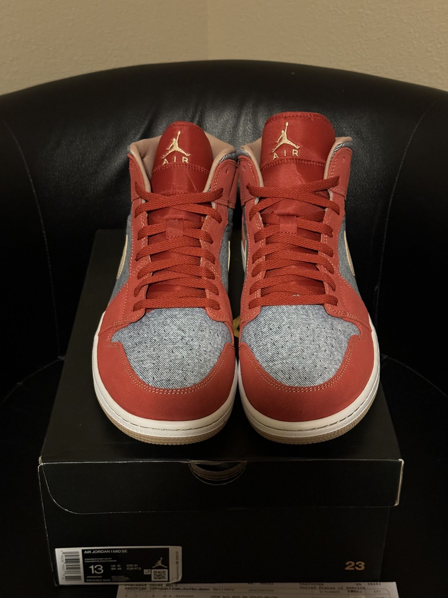 Brand new Air Jordan 1 mid Red Denim 1’s size 13 with original box and proof of purchase.