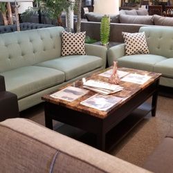 Brand New Teal Fabric Midcentury Modern Sofa + Loveseat 2PCs Set