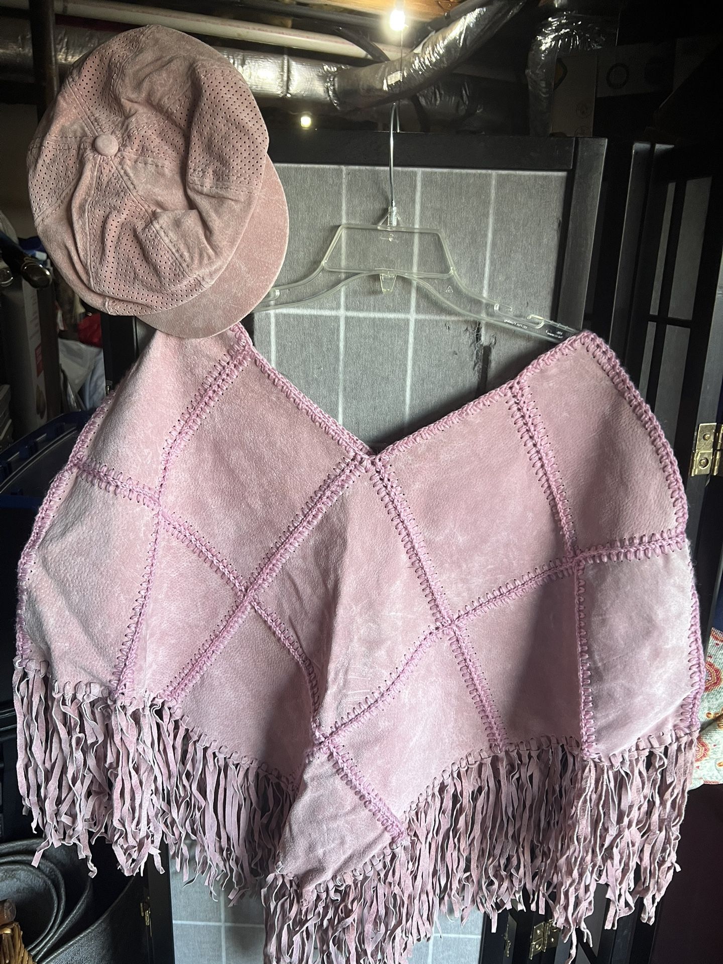 Pink Suede Fringe Shawl and Hat From Wilson’s Leather