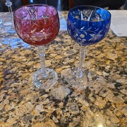 Set Of 2 Beautiful Bohemian Czech Cut Crystal Colored Wine Goblets Stemware