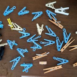 misc clothespins clothing hanging clips, wooden and plastic