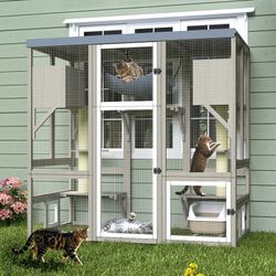 Window-Accessible Walk-in Catio, 4-Tier Outdoor Cat Enclosure, Large Weatherproof Cat House