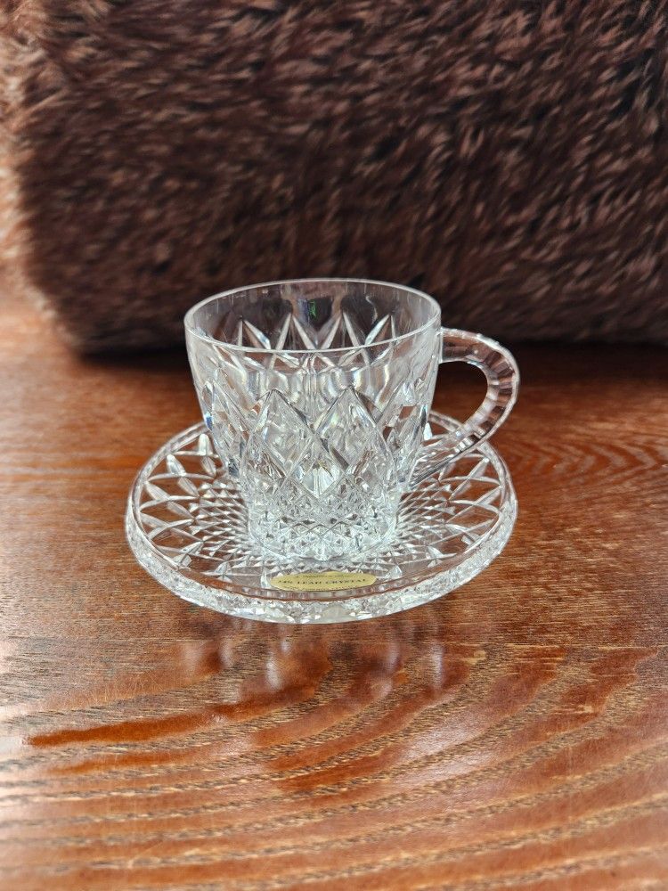 NEW 24% Lead Crystal Cup & Saucer. Fine Bohemian Crystal. Made In The Czech Republic. A Teleflora Gift. Highly Collectible! From a cl