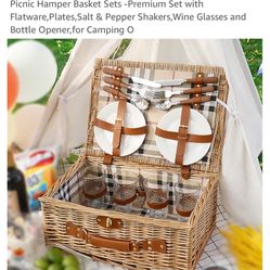 Picnic Basket 4 Person Picnic Baskets - Luxury Wicker Picnic Hamper Basket Sets -Premium Set with Flatware,Plates,Salt & Pepper Shakers,Wine Glasses a