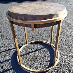 Round Reclaimed Wood Side Table with Gold Metal Frame