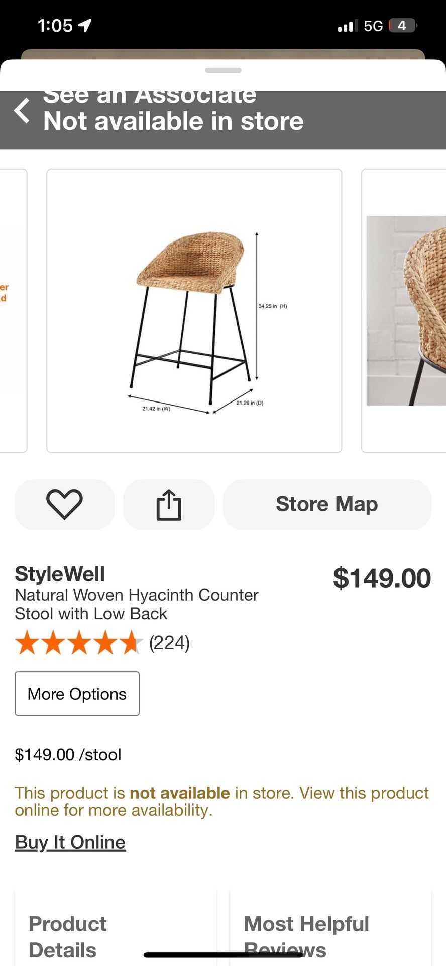 StyleWell Natural Woven Hyacinth Counter Stool with Low Back new