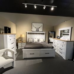 White King Bed, Dresser, Mirror And One Nightstand