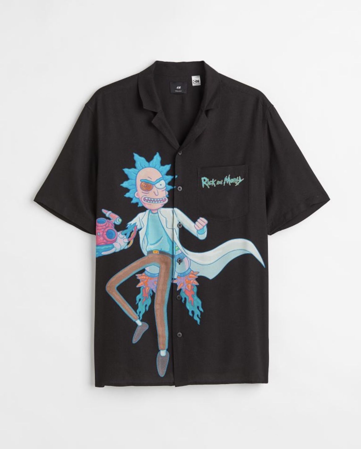 MENS H&M RICK AND MORTY REGULAR FIT COLLARED HAWAIIAN SHIRT SIZE SMALL BUTTON UP