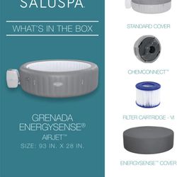 Bestway SaluSpa Grenada AirJet 6 to 8 Person Inflatable Hot Tub Round Portable Outdoor Spa with 190 AirJets and EnergySense Energy Saving Cover, Grey