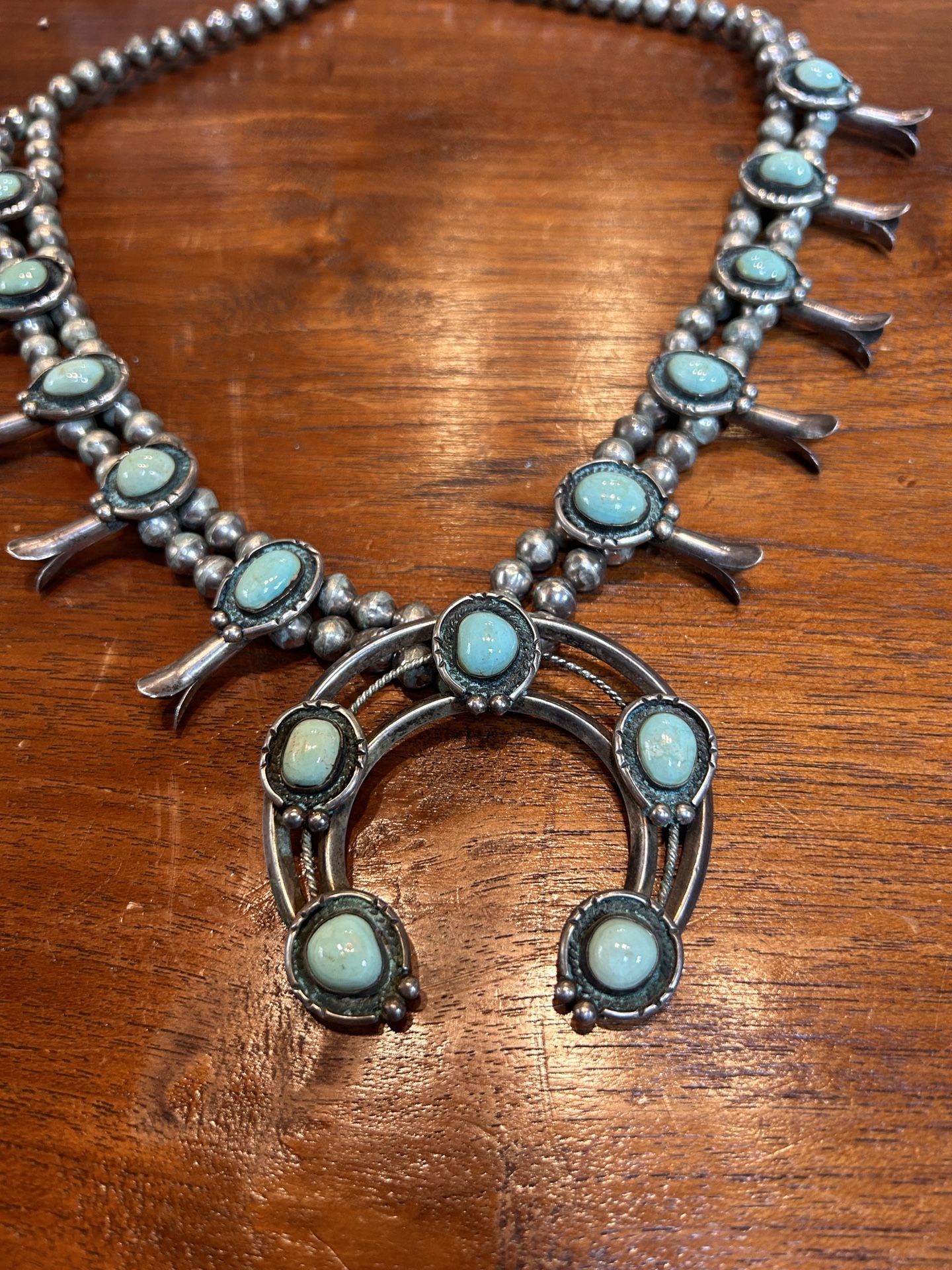 Incredible Hand Crafted Navajo Sterling Silver Turquoise Squash Blossom Necklace