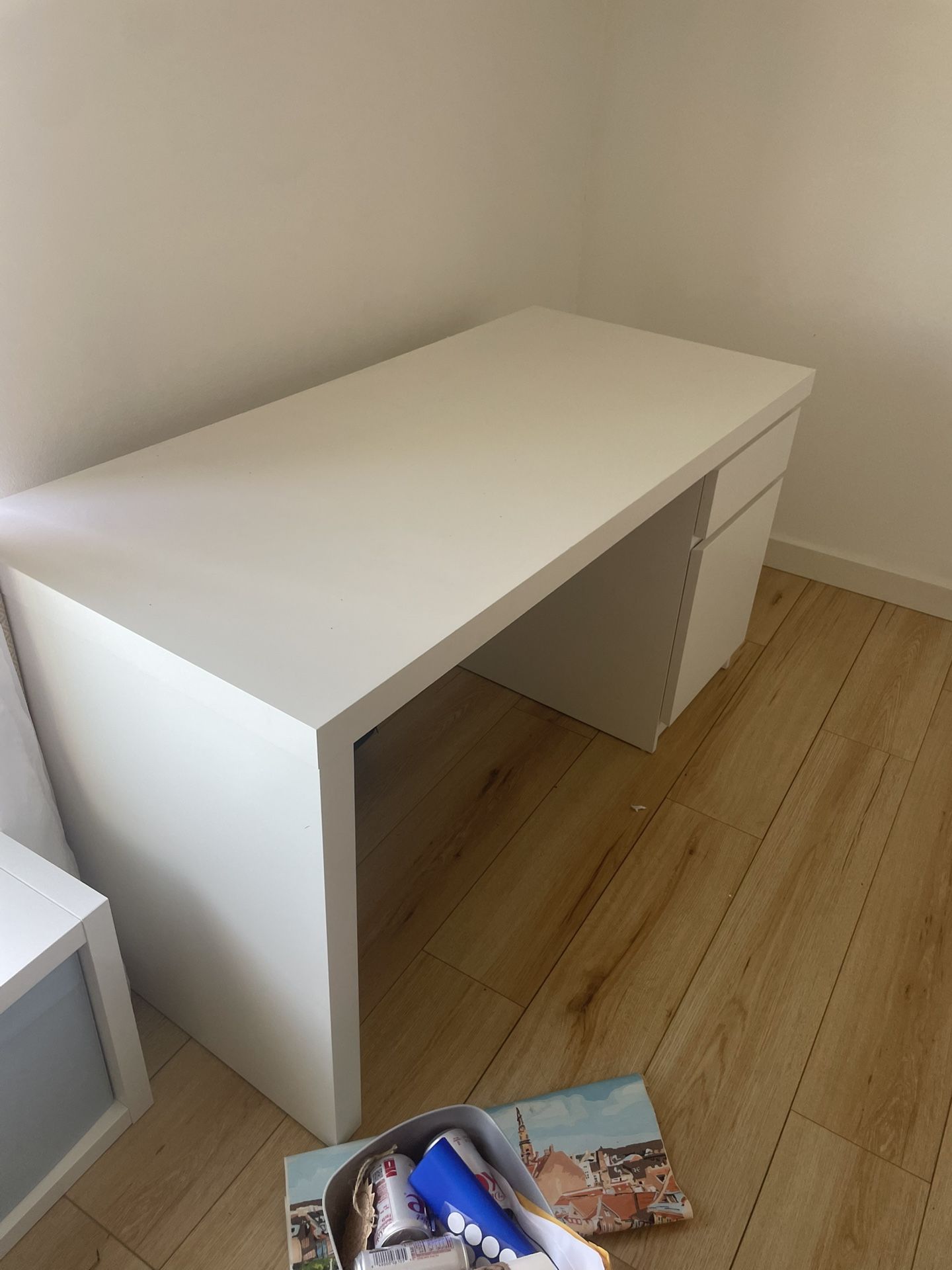 white ikea desk with cabinet