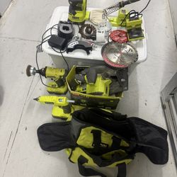 LOT OF RYOBI 18V TOOLS,SAW,DRILL,soldering Iron,Glue Gun,Quarter Sheet,CHARGER