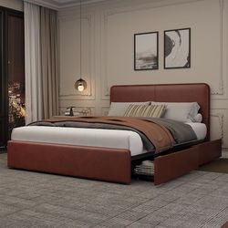 Garvee queen Upholstered Faux Leather Platform Bed Frame with Headboard Low Profile Design with Storage Drawers Wood Slat Support No Box Spring Requir
