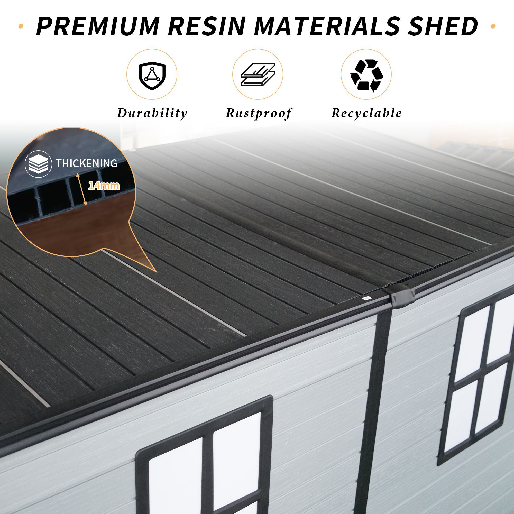 8x4FT Outdoor Garden Shed With Floor And 2 Windows, Plastic Resin Patio Outdoor Storage Shed With Lockable Door For Garden Tools, Bicycles (Black Grey