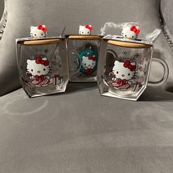 3 Hello Kitty Glass Mugs With Topper And Lid 