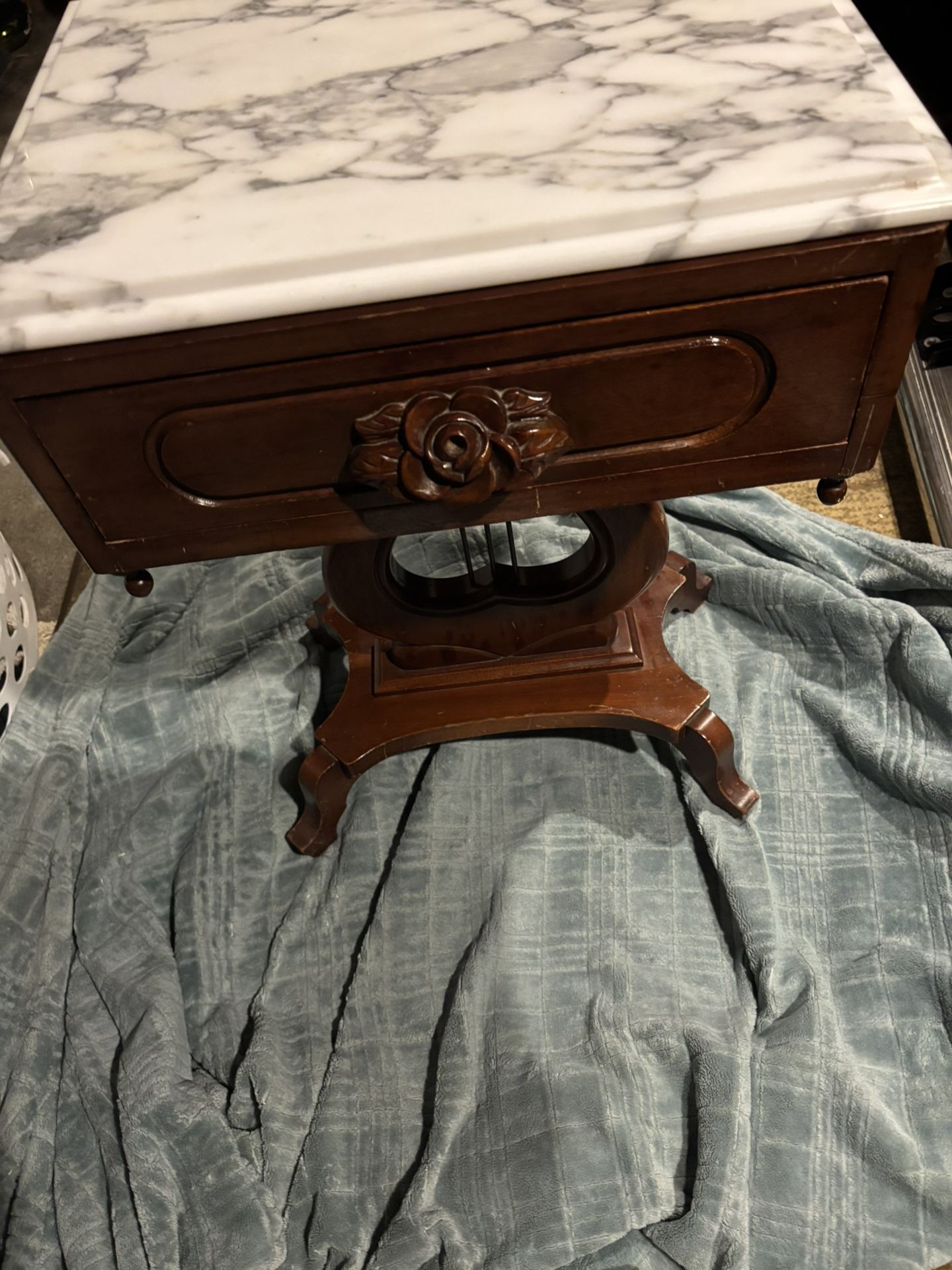 Victorian Mahogany Antique Harp Italian Marble Top Table