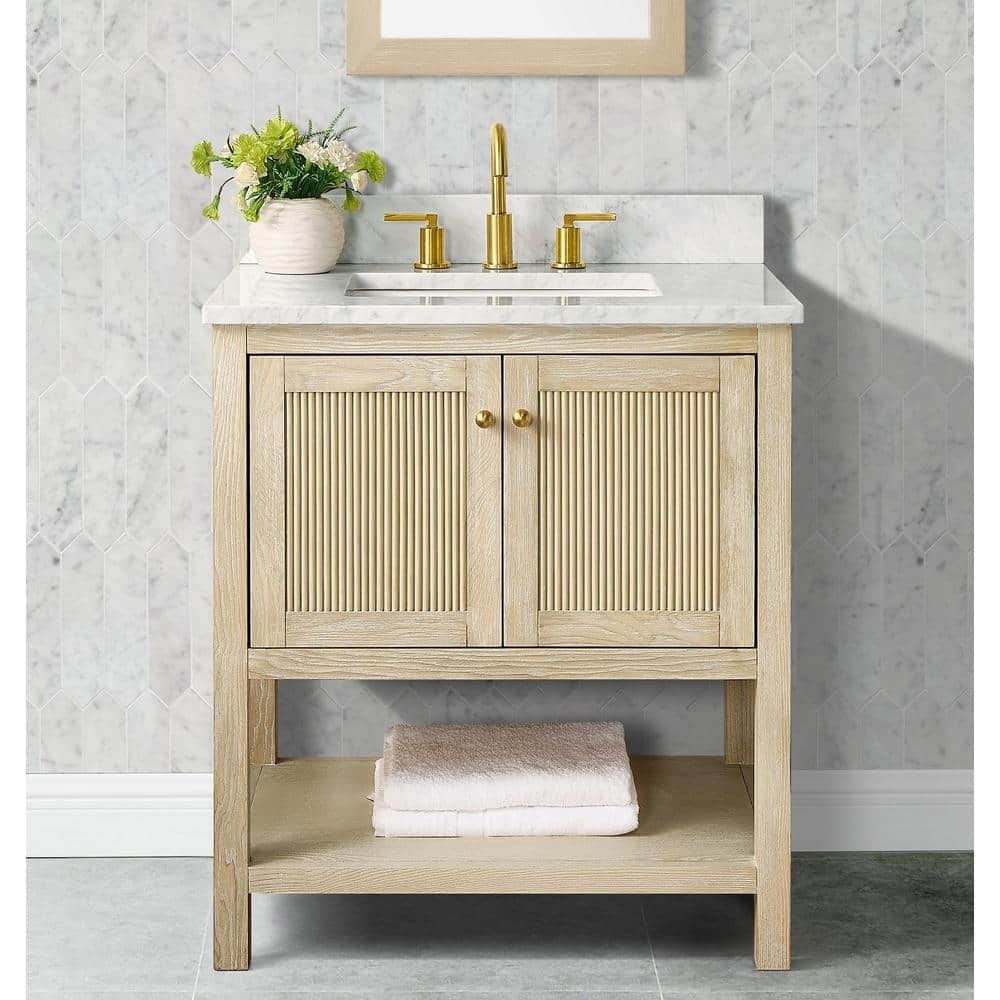 Arcott 31 in. Single Sink Fluted Natural Wood Bath Vanity with White Carrara Marble Top (Assembled)