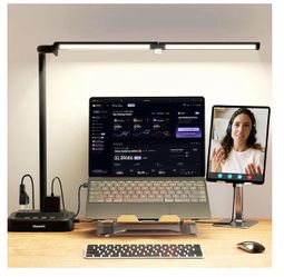 LED Desk Lamp for Home Office: Desk Light Double Head Adjustable with Power Strip 2 AC Outlets, USB-C USB-A Charging Ports Surge Protection, Foldable 