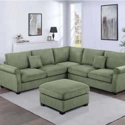 Green Corduroy Sectional with Ottoman