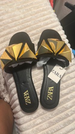 Zara Black Slide Sandals with Gold Studs