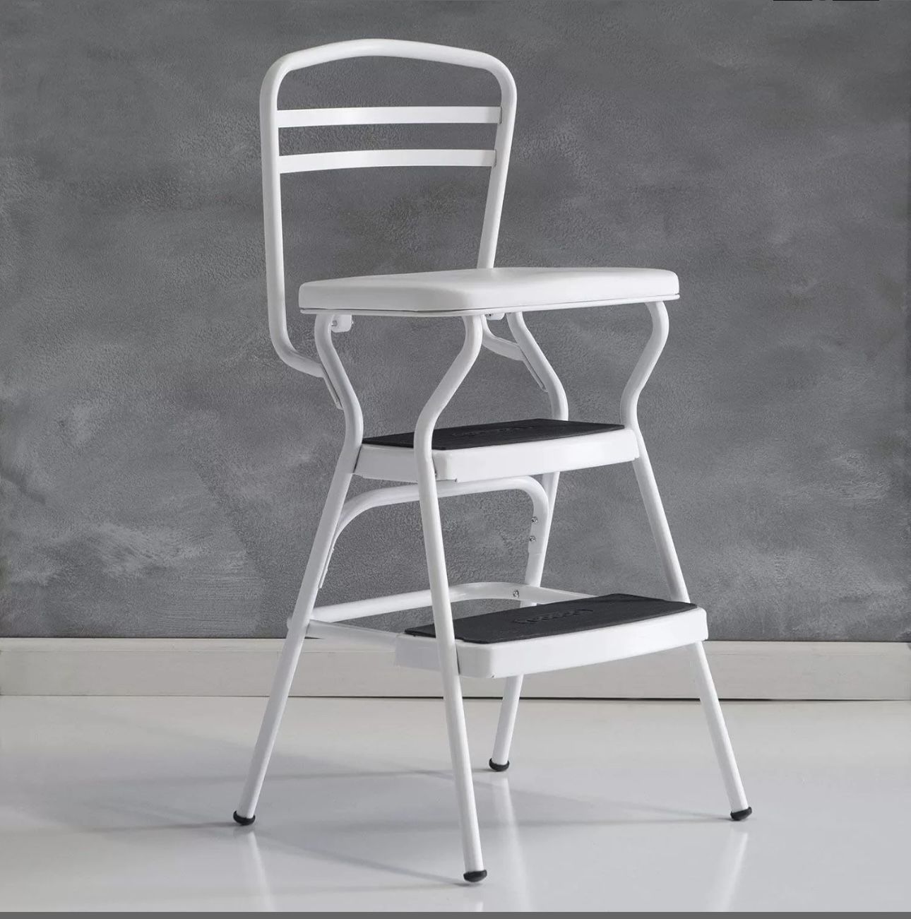 White Retro Counter Chair / Step Stool with Lift-up Seat