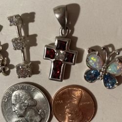 4 Vintage Sterling Silver Pendants Charms Cross Butterfly And More