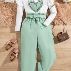  Tween Girl Valentine's Heart Print Ruffle Long Sleeve Top And Pants Set, 