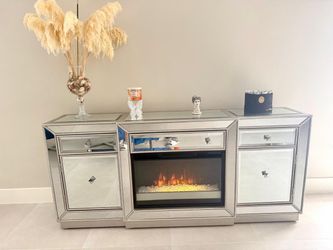 Mirrored TV stand - TV Stand de espejos con chimenea eléctrica y calentador – Como nuevo