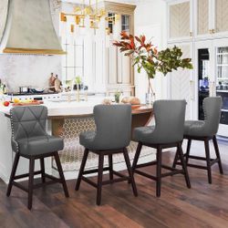 Set of 4 Barstool, Swivel Counter Stool, 26” Height Bar Stools Gray Faux Leather