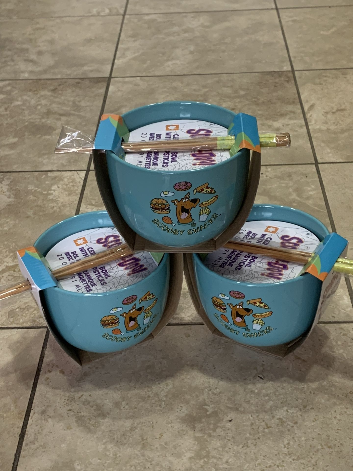 (3) SCOOBY-DOO CERAMIC BOWLS (Sold Separately) & WOODEN CHOPSTICKS 20 oz - NEW