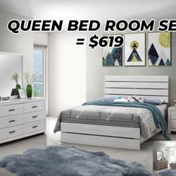 Queen bed frame + Dresser + Mirror + Nightstand 