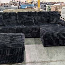 New Black Corduroy 4 Piece Modular Sectional Couch with USB and Cup Holders! 