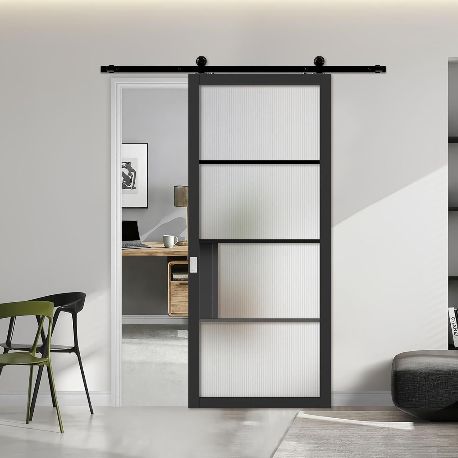 36"x84" Glass Barn Door, 4-Panel Painted Matt Black Reeded Safety Glass Wood Framed Door Slab with 6FT Hardware Kits & Handles, Wear-Resistant & Scrat